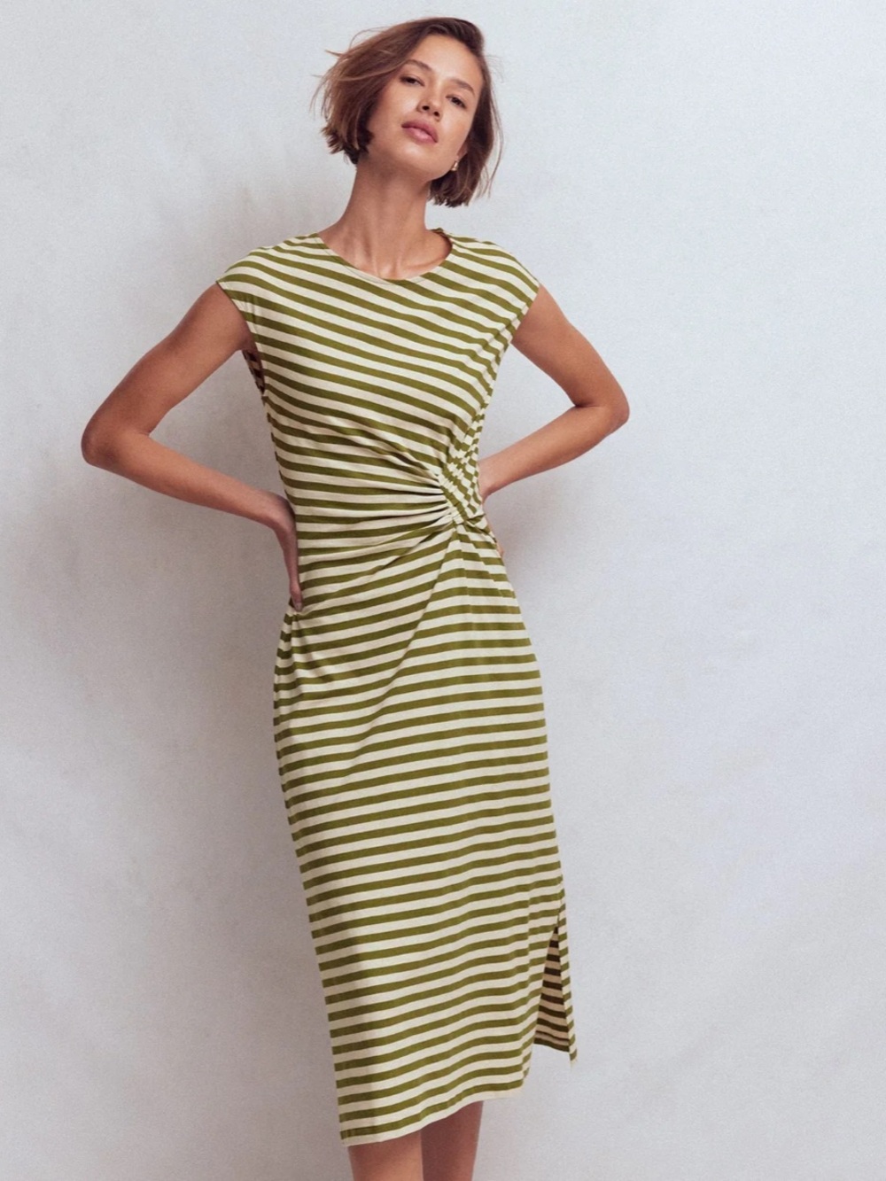 Boden Olive and White Striped Twist-Front Cap-Sleeve Midi Dress